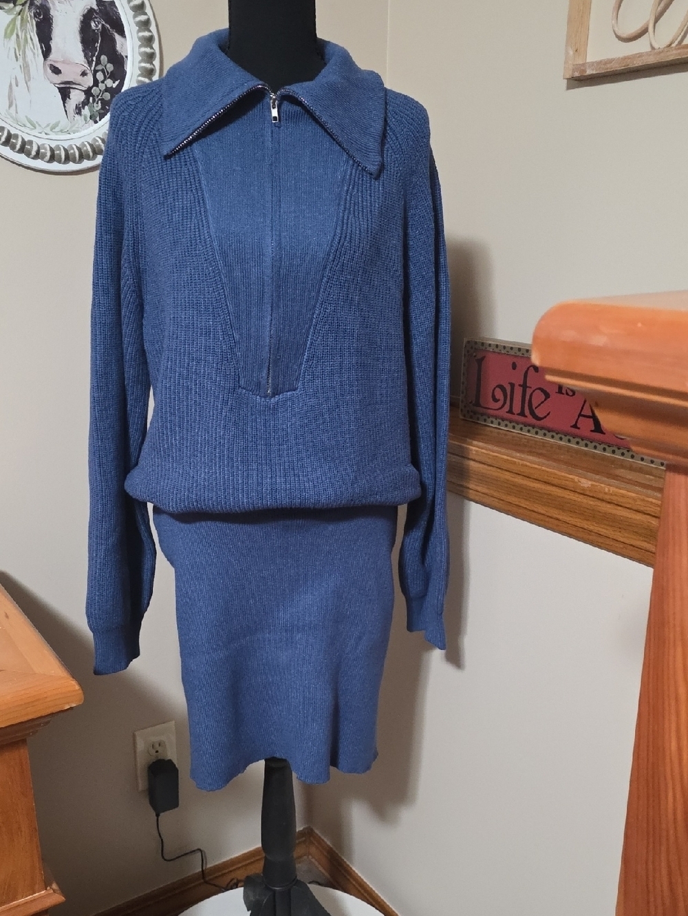 Blue Long-Sleeve Knit Dress with Zip Collar